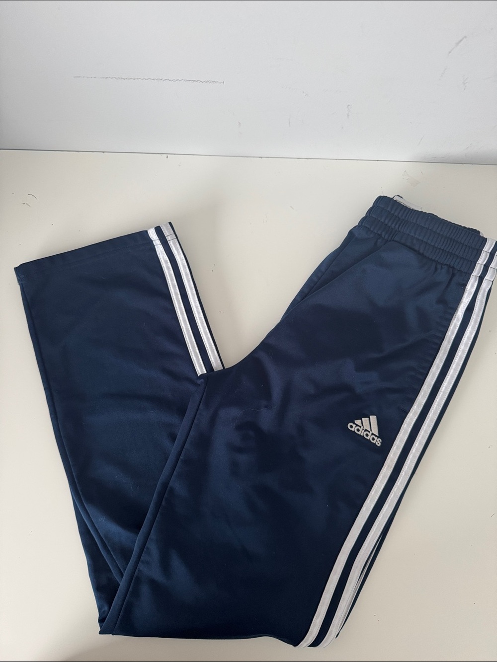 adidas Navy & White Kids Joggers with Signature Side Stripes size large 14/16